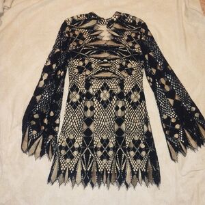 Free People Black and Beige Lace Long-Sleeve Mini Dress